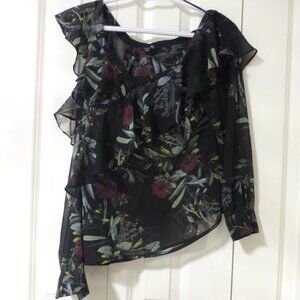 GUESS black floral print semi-sheer chiffon partial cold shoulder top